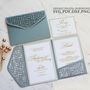 Hochzeitseinladung Vorlage SVG, Trifold Perlen Muster 13x18 Tasche Umschlag für Cricut, Laser Cut, Papierschnitt, Cameo (svg dxf ai cdr)