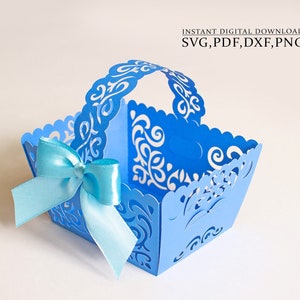 ウェディング バスケット テンプレート、イースター バスケット SVG、花嫁のレース ギフト バスケット、レーザー カット、ペーパーカット、クリカット、カメオ用のキャンディ バスケット (svg dxf ai cdr)