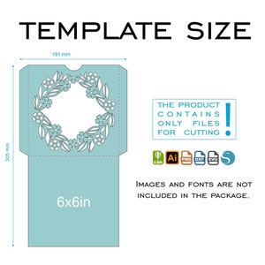May include: A template for a 6x6 inch wedding invitation with a floral design. The template is available in a variety of file formats, including CDR, AI, PNG, DXF, SVG, and EPS. The product contains only files for cutting, and images and fonts are not included in the package.