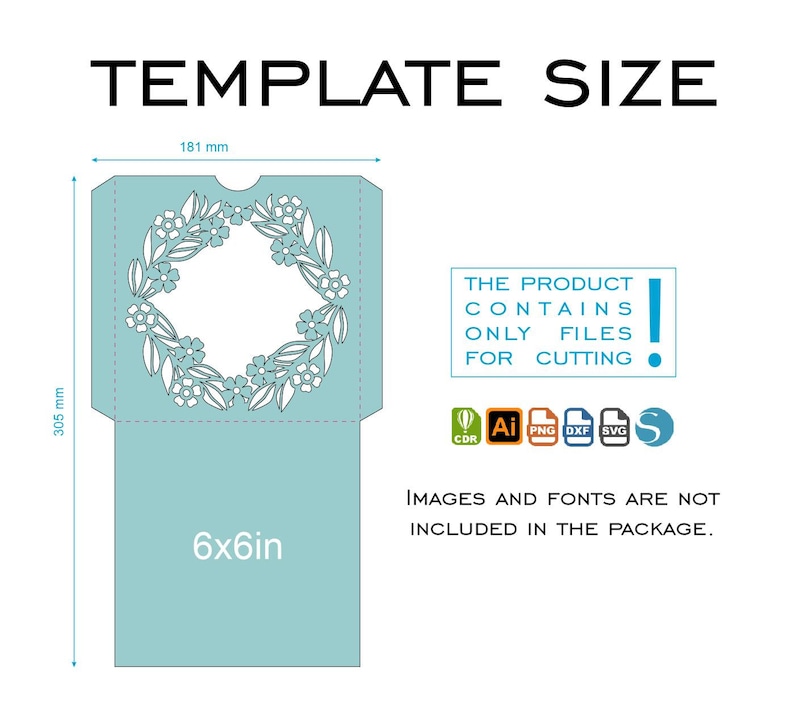 May include: A template for a 6x6 inch wedding invitation with a floral design. The template is available in a variety of file formats, including CDR, AI, PNG, DXF, SVG, and EPS. The product contains only files for cutting, and images and fonts are not included in the package.
