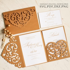 Hochzeitseinladung SVG-Vorlage, Spitze Herz dreifach faltbare Tasche Einladungskarte für Cricut, Laser (svg dxf ai cdr)