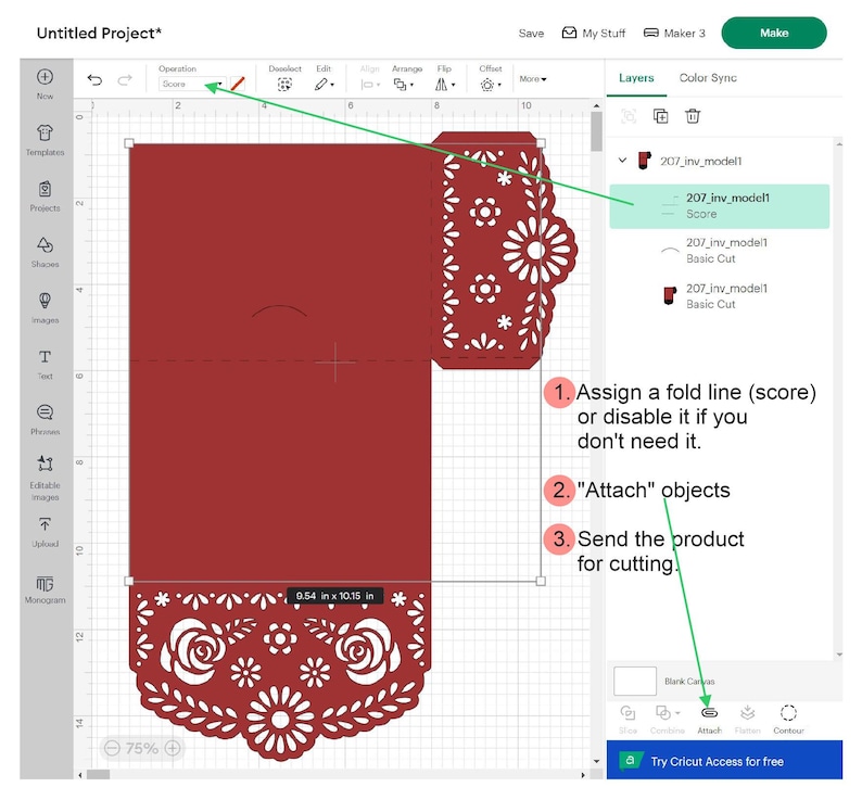 Puede incluir: Una tarjeta roja con un dise&ntilde;o floral blanco se muestra en la pantalla de una computadora. La pantalla muestra un programa de dise&ntilde;o con herramientas para crear y editar dise&ntilde;os. El texto "Assign a fold line (score) or disable it if you don't need it." es visible en la pantalla.