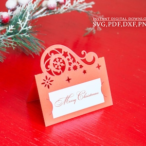 Modello segnaposto di Natale SVG, decorazioni natalizie, partecipazione di nozze invernali, decorazioni da tavola, taglio laser, Cameo Cricut svg dxf ai cdr