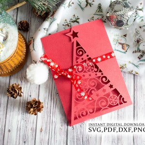 Weihnachtsbaum Einladungsvorlage svg, 5x7 Hochzeitsumschlag Vorlage, Laser cutting (svg,dxf,pdf), Silhouette Cameo Cricut