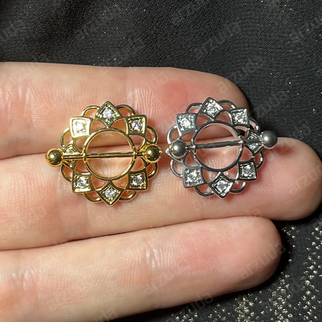 2 Pcs Sunflower Nipple Shield Ring, Silver Flower Nipple jewelry for Nipple piercing, Surgical Steel Silver Nipple Shields 16G