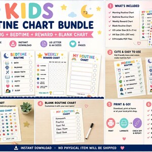Puede incluir: Un paquete digital de tablas de rutinas para niños que incluye rutina matutina, nocturna, tabla de recompensas semanal y una tabla en blanco. Las tablas incluyen iconos coloridos, texto y casillas de verificación. Tamaño 210 x 297 mm.