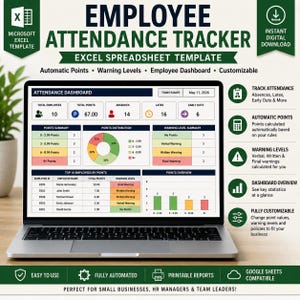 May include: A laptop displaying an Employee Attendance Tracker Excel spreadsheet template. The screen shows an attendance dashboard with charts, tables, and data points for employees, absences, and warnings. Text includes Employee Attendance Tracker.