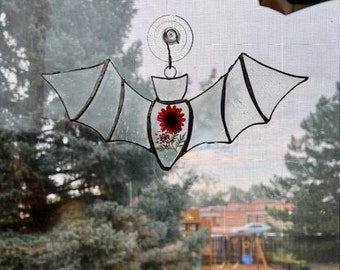 Stained glass Bat with Pressed Flowers