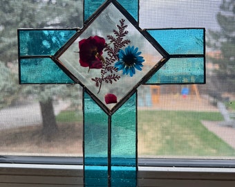 Stained glass cross with pressed flowers sun catcher.