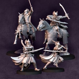 May include: Four miniature figures of warriors on horseback, with one warrior on foot, all wearing helmets and armour. The figures are made of a grey material and are posed in a variety of fighting stances.