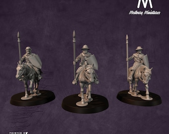 May include: Three gray plastic miniature figures of medieval knights on horseback, each holding a spear and shield. The figures are posed in a marching formation. The figures are on a white background.