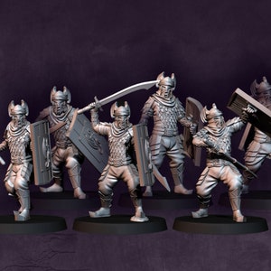 May include: A set of six gray plastic miniature figures of warriors wearing helmets and chainmail armor, holding swords and shields.
