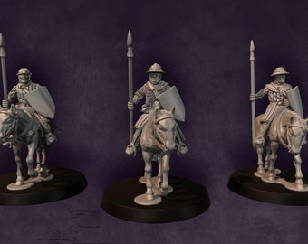 May include: Three gray plastic miniature figures of medieval knights on horseback, each holding a spear and shield. The figures are posed in a standing position, with the horses' heads facing forward. The figures are mounted on a black base.
