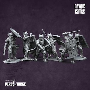 May include: Six grey miniature warrior figurines, each with a sword and shield, in dynamic poses. The detailed armour and helmets are prominent. The image includes the text "PAVALE GAMES" and "PRINTED BY DIRE FORGE".