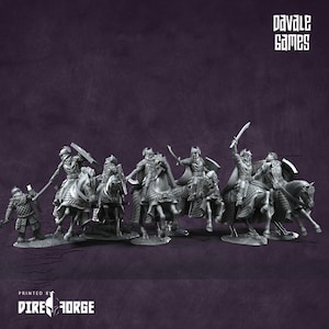 May include: A set of six grey plastic miniature figures of knights on horseback. The knights are wearing armour and holding swords and shields. The horses are in a running pose. The figures are printed by Dire Forge and are from Davale Games.