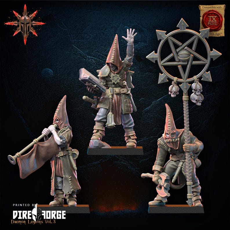 Puede incluir: Tres figuras en miniatura de figuras encapuchadas, una tocando un cuerno, otra sosteniendo un libro y otra sosteniendo un hacha. Las figuras est&aacute;n pintadas en tonos marrones y rojos. Un pentagrama negro y plateado con una calavera y huesos cruzados est&aacute; en el fondo. El texto "IX AGE" es visible en la esquina superior derecha de la imagen.