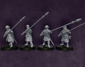 May include: Four gray miniature figurines of medieval soldiers, each holding a long spear. The soldiers are dressed in period clothing, including helmets, tunics, and armor. They stand on black circular bases.