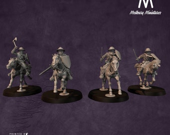 May include: Four gray plastic miniature figures of medieval knights on horseback. Each knight is wearing armor and holding a weapon. The figures are posed in a variety of dynamic stances. The figures are printed by Dire Forge and are from Medbury Miniatures.