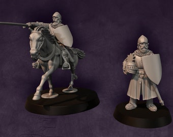 May include: Two miniature figures of medieval knights, one on horseback and one standing. The mounted knight is holding a sword and shield, while the standing knight is holding a shield and a helmet. Both figures are painted in a light gray color.