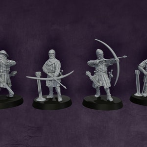 May include: Four grey plastic miniature figures of medieval archers, each holding a bow and arrow, standing on black circular bases.