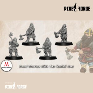 May include: Miniature grey dwarf warriors, each holding a two-handed axe, on black bases. The image features the text "Dwarf Warriors With Two Handed Axes" and logos for Medbury Miniatures and Dire Forge.