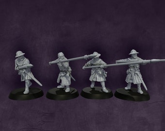 May include: Four gray plastic miniature figures of medieval soldiers holding spears. The figures are standing on black circular bases.