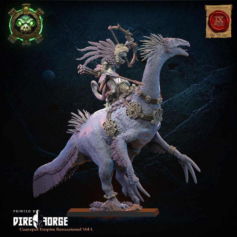 Pode incluir: Um dinossauro cinza com penas com um cavaleiro. O cavaleiro &eacute; uma figura humanoide com um cocar de penas e um arco e flechas. O dinossauro tem uma sela e outros elementos decorativos. A figura &eacute; pintada em cinza claro, e o dinossauro &eacute; pintado em cinza escuro.