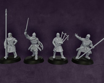 May include: Set of four grey plastic miniature figures of medieval warriors. One figure holds a spear, another holds a sword, another plays a bagpipe, and the last figure holds a spear.