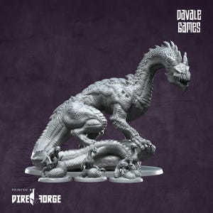 May include: A gray, detailed miniature dragon figurine with a long neck and tail, standing on a base with smaller dragon figurines. The dragon is in a predatory pose, with its mouth open and teeth visible. The base is textured and has a circular shape. The figurine is printed by Dire Forge.