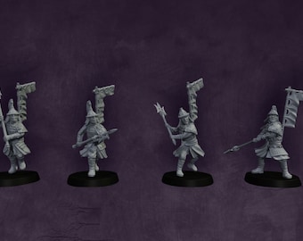 May include: Four miniature figures of warriors holding spears and flags. The figures are painted in a gray color and are standing on black bases.
