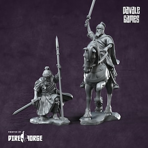 May include: Two gray plastic miniature figures of warriors, one on horseback, the other standing with a spear. The figure on horseback is holding a sword in his right hand and has a beard. The standing figure is holding a spear in his right hand and has a beard. The figures are on a gray base. The text "Davale Games" is in the upper right corner of the image. The text "Printed by Dire Forge" is in the lower left corner of the image.