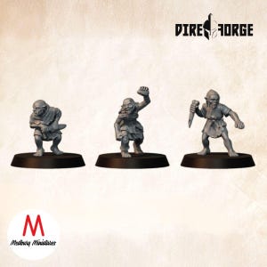Può includere: Tre miniature grigie di personaggi fantasy su basi nere. Le figure sono in varie pose d'azione, una accovacciata con un coltello, un'altra con il pugno alzato e la terza che tiene un'arma. Il logo Dire Forge è visibile in alto a destra e il logo Medbury Miniatures in basso a sinistra.