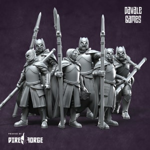 May include: Five grey plastic miniature figures of warriors wearing armour and holding spears. The figures are standing in a group and are posed in a fighting stance. The figures are from the Davale Games company.
