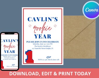May include: A baseball-themed birthday party invitation for a boy named Cavlin. The invitation is red, white, and blue with a baseball graphic and the text "Cavlin's Rookie Year". The invitation includes the date, time, and location of the party. RSVP information is also included.