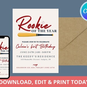 Editable CANVA Baseball Birthday Invitation | Rookie of the Year First Birthday Invite | Baseball Invite Template Download | Digital File