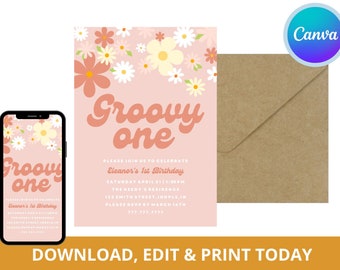 Bewerkbare Canva Groovy verjaardagsfeestje uitnodiging | Bloem verjaardag afdrukbare uitnodiging | Boho verjaardag uitnodigen sjabloon downloaden | Digitaal bestand