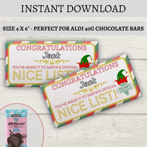 Christmas Chocolate Bar Wrapper, Editable Candy Bar Template, Santa Nice List Custom Gift, Printable Personalized 1.55 Bar, Instant download