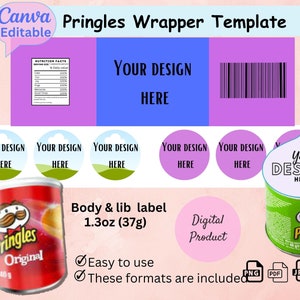 Puede incluir: Una plantilla digital para un envoltorio de lata de Pringles. La plantilla incluye una etiqueta de información nutricional, un código de barras y espacio para un diseño. La plantilla está disponible en formatos PNG, PDF y JPG. La plantilla es para una lata de 1,3 onzas (37 gramos).