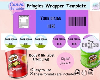 Pringles 1.3oz Wrapper Template | Editable Snack Party Favor Label, Body & Lid, Canva, Instant Digital Download