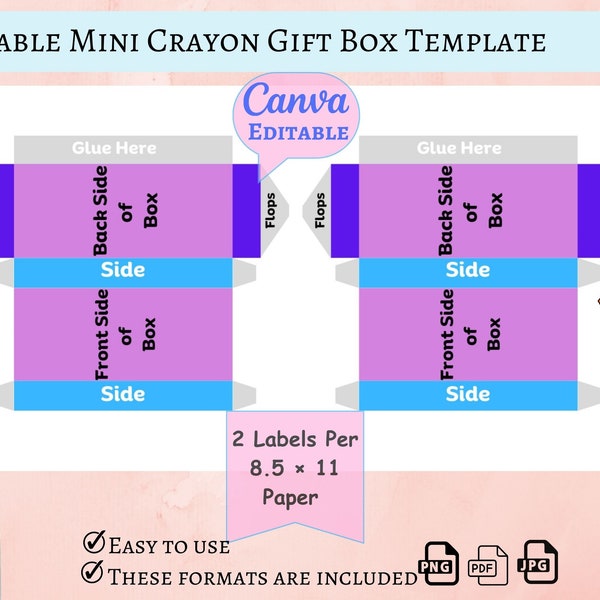 Crayon Box Template, 4pcs Wax Color Pen, editable Gift Box Template, Do it yourself party favor labels, Canva editable.