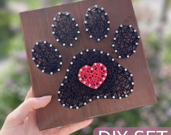 Paw with heart string picture craft kit // DIY string art // do-it-yourself kit // personalized gift // wooden sign // dog lover