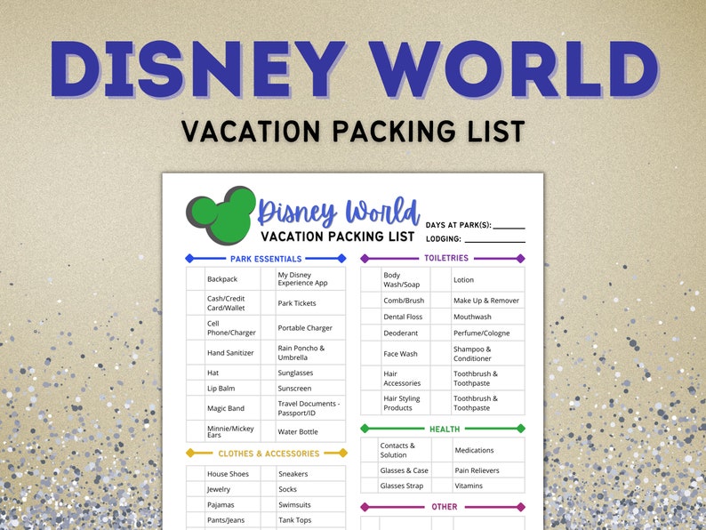 WDW Vacation Planner Printable Packing Checklist, Printable, Packing List, Digital Download - Etsy