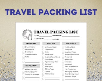 Travel Packing List, Printable Checklist (Digital Download)