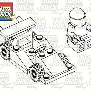 May include: Line drawing of a race car and a minifigure. The race car is constructed from interlocking toy bricks, featuring a steering wheel and large wheels. The minifigure is wearing a helmet. The logo "OUTA BRICK" is in the upper left corner.