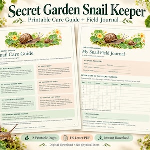 以下が含まれることがあります： Secret Garden Snail Keeperと題された2枚の印刷可能なページ。カタツムリのケアガイドとフィールドジャーナルが含まれています。文書にはテキスト、チェックボックス、緑の葉と黄色い花の上にいるカタツムリのイラストがクリーム色の背景に描かれています。