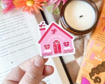Sticker bibliothèque Love Shack | Stickers livresques | Stickers Kindle roses | autocollant de librairie | autocollant romantique | Esthétique féminine | Merchandising livresques