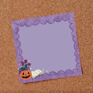 May include: A purple square card with a scalloped edge. The card features a jack-o'-lantern with roses, spiderwebs, and an open book. The background is a corkboard.