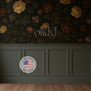May include: Dark floral wallpaper featuring large yellow and brown roses on a black background. Below, a dark green paneled wall with rectangular frames. The image includes a circular graphic with the text "SHIPS FROM NJ, USA".
