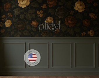 May include: Dark floral wallpaper featuring large yellow and brown roses on a black background. Below, a dark green paneled wall with rectangular frames. The image includes a circular graphic with the text "SHIPS FROM NJ, USA".