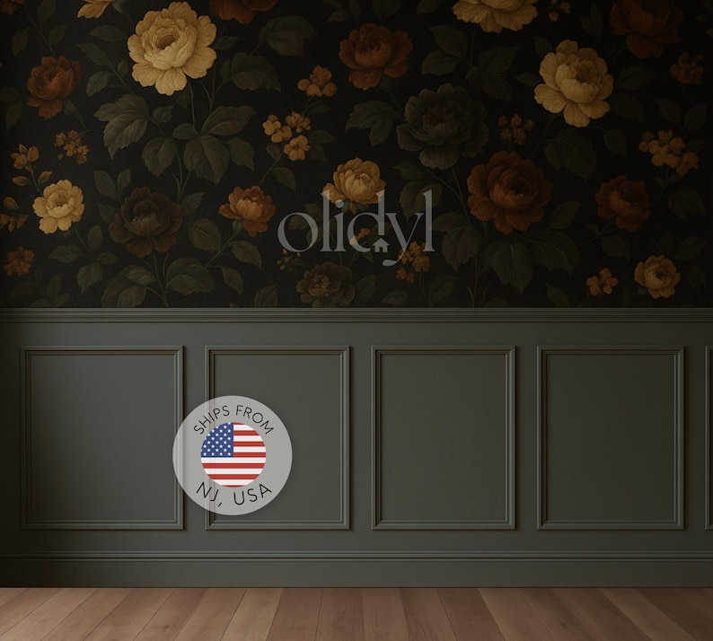May include: Dark floral wallpaper featuring large yellow and brown roses on a black background. Below, a dark green paneled wall with rectangular frames. The image includes a circular graphic with the text "SHIPS FROM NJ, USA".